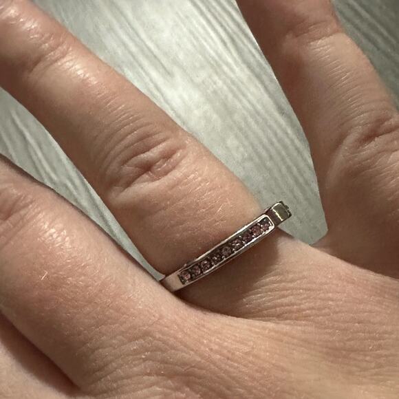 Silver‎ Toned & Pink Rhinestone Notched Stackable Ring Size 5.5 Estimated - Picture 3 of 6